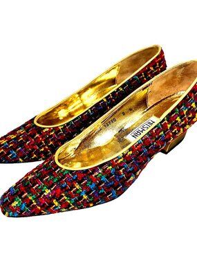 Vintage Hitsman Tweed Pumps Gold Heel  Mob Wife Quiet Luxury Size 8N Spain